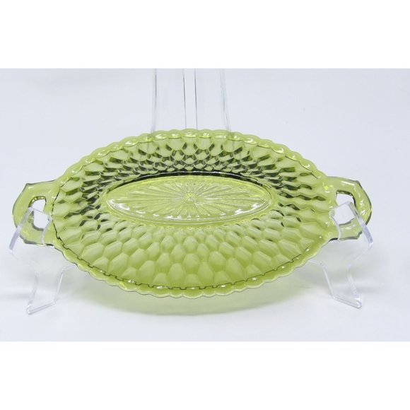 Vintage Indiana Glass Avocado Green Honeycomb Oval 2 Handled Relish Dish Bowl Tr - Picture 8 of 10